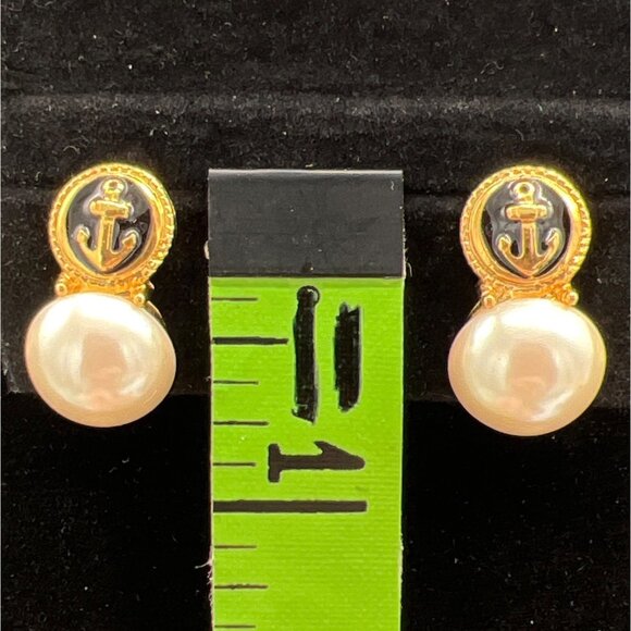 Vintage Marvella Gold-Tone Anchor Clip-On Earrings With Faux Pearl Accents - Picture 3 of 7